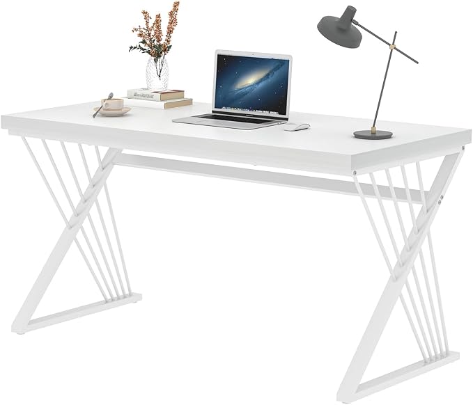 FOLUBAN Modern White Desk, Rustic Wood and Metal Computer Desk for Home Office, Simple Writing Work PC Desks for Bedroom, Industrial Study Gaming Table for Living Room, White, 53 Inch