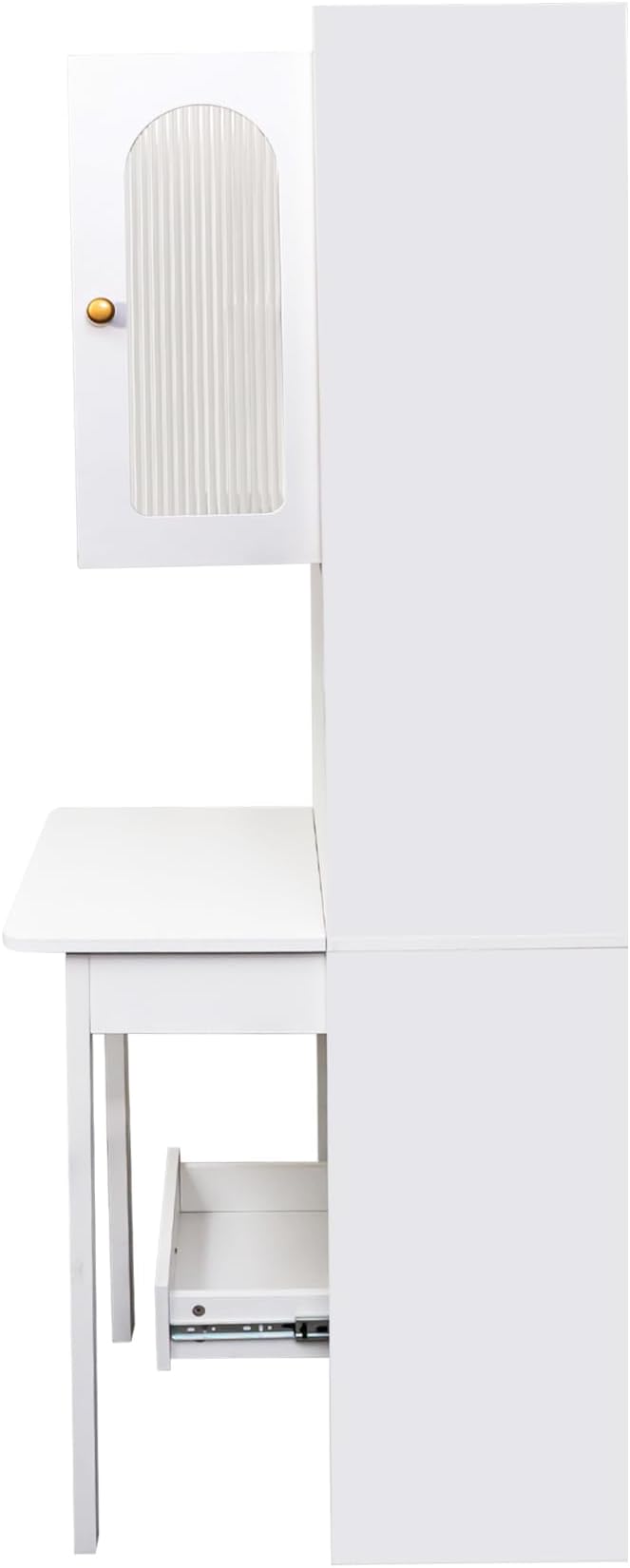 LUMISOL Fold-Out Convertible Writing Table with Glass Doors, Drawers, Bookshelf & Storage Shelves, Modern Wooden Convertible Workstation for Work, White