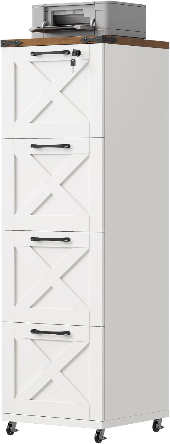 Vabches Vertical Farmhouse Locking Rolling File Cabinet, Office Filing Cabinet with 4 Drawers & Wheels for Hanging Files Letter/A4，Printer Stand for Home Office