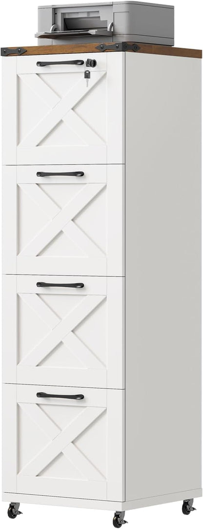 Vabches Vertical Farmhouse Locking Rolling File Cabinet, Office Filing Cabinet with 4 Drawers & Wheels for Hanging Files Letter/A4，Printer Stand for Home Office