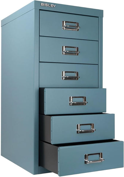 Bisley 6-Drawer Steel MultiDrawer Cabinet - Doulton Blue | Chrome Pull Handles with Label Holders, Powder-Coated Steel, Removable Drawers, Fits Under Most Desks, Labels Included