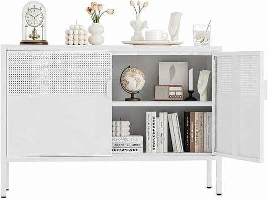 Metal Storage Cabinet,2 Door TV Stand, Metal Mesh Accent Cabinet,Magnetic Door Closure,Low Storage Cabinets with Doors and Shelf for Home,Office,Living Room