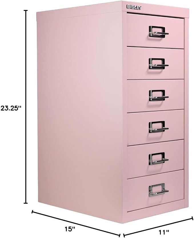 Bisley 6-Drawer Steel MultiDrawer Cabinet - Palest Pink | Chrome Pull Handles with Label Holders, Powder-Coated Steel, Removable Drawers, Fits Under Most Desks, Labels Included