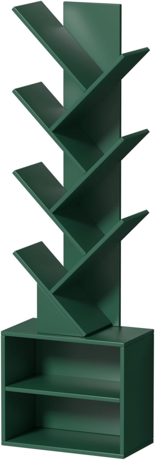 SHEEPAM 10 Tier Tree Bookshelf,Christmas Green Bookcase for Narrow Space, Storage Organizer Floor Standing Bookshelves for Books, Tall Book Case for Home Office, Living Room, Bedroom