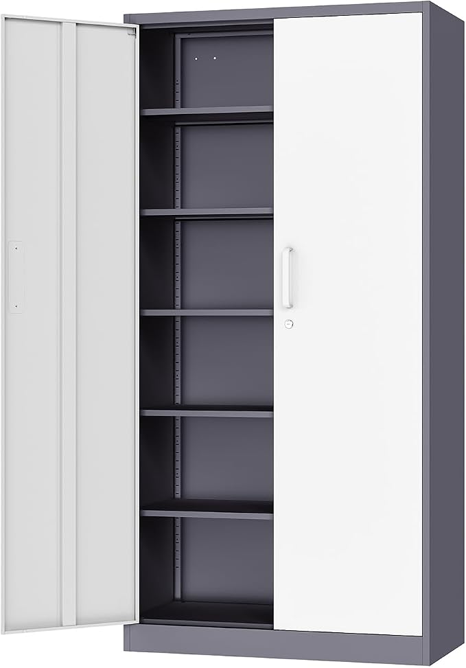 Fesbos Metal Cabinet Steel Storage Cabinet - 71” Tall Steel File Cabinets with Lockable Doors and 5 Adjustable Shelves Gray&White Storage Cabinets for Home, School, Office, Garage