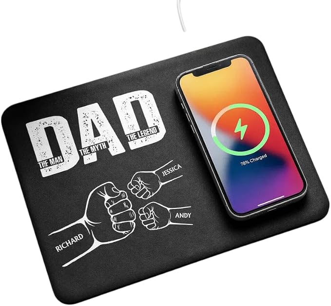 Personalized Leather Charging Mat, Dad The Man The Myth The Legend Hand Punch, Wireless Charging Desk Mat, Custom Dad Gift from Kids, Fathers Day Gift for Dad, Papa, Grandpa, Daddy 4