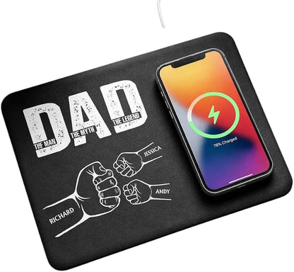Personalized Leather Charging Mat, Dad The Man The Myth The Legend Hand Punch, Wireless Charging Desk Mat, Custom Dad Gift from Kids, Fathers Day Gift for Dad, Papa, Grandpa, Daddy 4