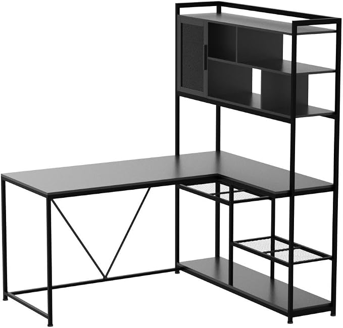SEDETA L Shaped Computer Desk, 58'' Office Desk with LED Light and Bookshelf, L Shaped Corner Desk with Storage Shelves for Home Office, Gaming Desk, L Desk, Black