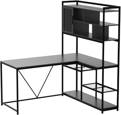 SEDETA L Shaped Computer Desk, 58'' Office Desk with LED Light and Bookshelf, L Shaped Corner Desk with Storage Shelves for Home Office, Gaming Desk, L Desk, Black