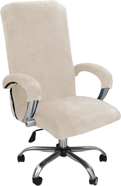 Velvet Plush Office Desk Computer Chair Cover for Executive, Beige, XL | Stretchable, Cat Proof with Wheels, Armrest Protector for Pets & Kids, Removable, For Ergonomic Mesh Computer Rolling Chair
