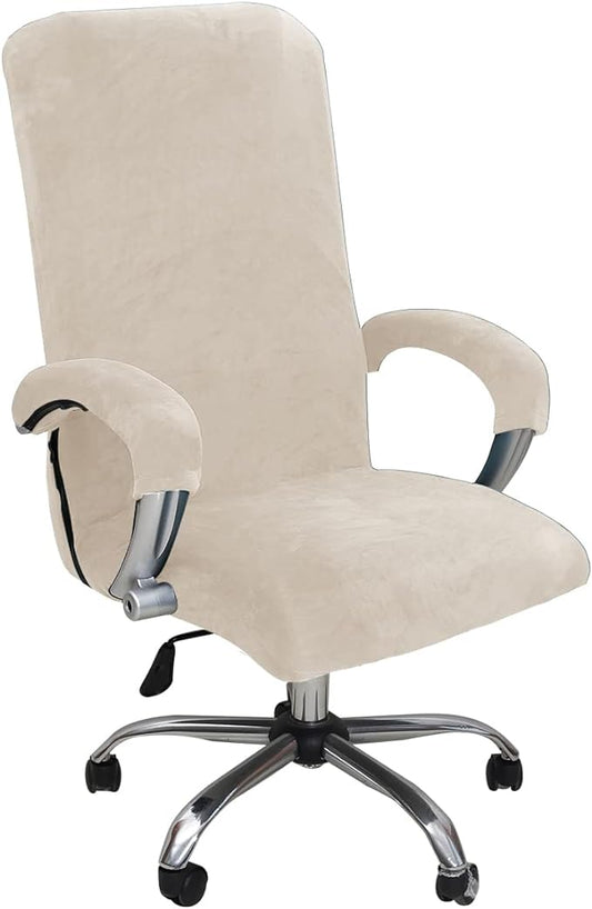 Velvet Plush Office Desk Computer Chair Cover for Executive, Beige, XL | Stretchable, Cat Proof with Wheels, Armrest Protector for Pets & Kids, Removable, For Ergonomic Mesh Computer Rolling Chair
