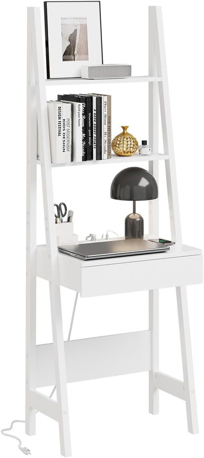 Haotian Ladder Desk with Power Outlet, Narrow Bookshelf Desk with Drawer and Shelves, Compact Secretary Desk for Small Spaces, Bedroom, Home, Office (White FWT112-W)