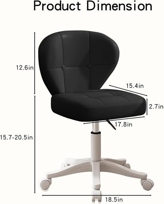 Small Office Chair with Lumbar Support, PU Leather Armless Swivel Desk Chair Adjustable Height, Compact Rolling Chair for Home Office, Bedroom, Study (Black)