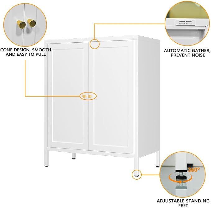 2 Door Metal Accent Storage Cabinet for Office Room,Garage-Metal Floor Bathroom Storage Cabinet with 1 Adjustable Shelves,Freestanding Sideboard for Small Spaces (Square Door, White)
