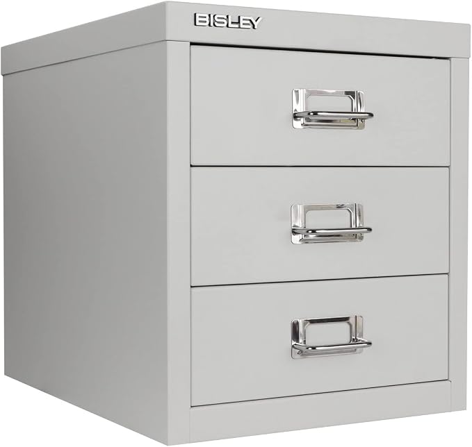 Bisley 3-Drawer Steel MultiDrawer Cabinet - Light Grey | Chrome Pull Handles with Label Holders, Powder-Coated Steel, Removable Drawers, Desktop Storage, Labels Included
