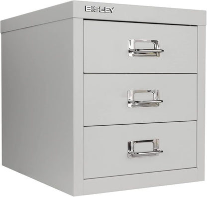 Bisley 3-Drawer Steel MultiDrawer Cabinet - Light Grey | Chrome Pull Handles with Label Holders, Powder-Coated Steel, Removable Drawers, Desktop Storage, Labels Included