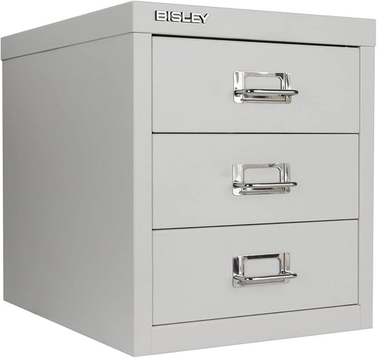 Bisley 3-Drawer Steel MultiDrawer Cabinet - Light Grey | Chrome Pull Handles with Label Holders, Powder-Coated Steel, Removable Drawers, Desktop Storage, Labels Included