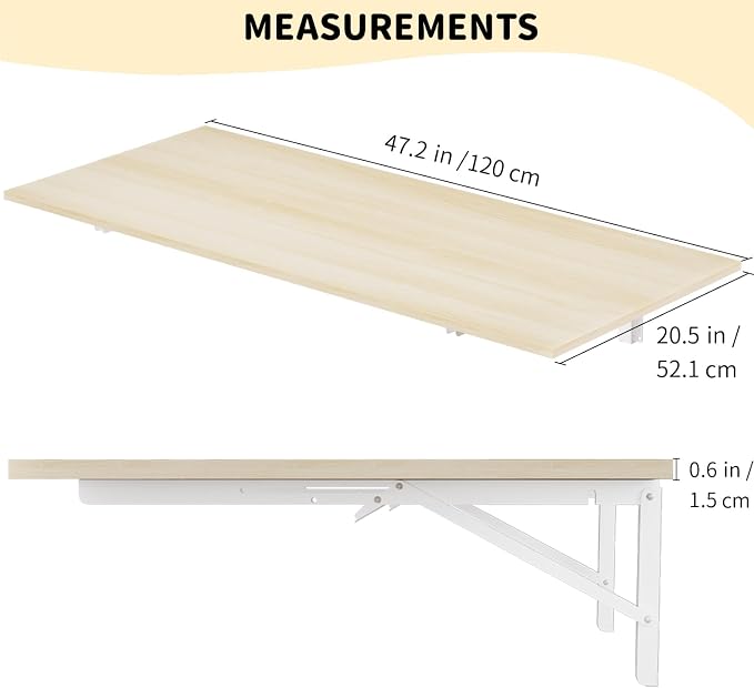 GOYLSER Wall Mounted Folding Kitchen Table Desk for Small Spaces Saving, Natural Wood Fold Down Laundry Wall Table, Wall Folding Portable Workbench Worktable, 47" x 20.5"