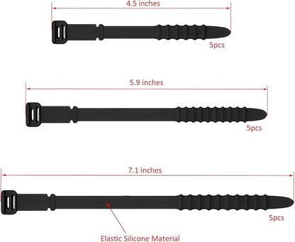 Silicone Zip Ties, Reusable Zip Ties, Rubber Cable Ties Straps for Wire Management, Elastic Silicone Ties Cable Organizer for Home Office, Cord Ties in Three Sizes 4.5" 5.9" and 7.1" (5+5+5 Pcs Black)