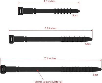 Silicone Zip Ties, Reusable Zip Ties, Rubber Cable Ties Straps for Wire Management, Elastic Silicone Ties Cable Organizer for Home Office, Cord Ties Three Sizes 4.5" 5.9" and 7.1"(5+5+5Pcs Multicolor)