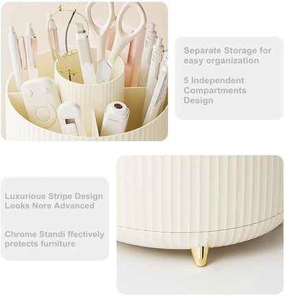 Desk Pencil Pen Holder 5 Slots 360°Degree Rotating Pen Organizers for Desk Desktop Storage Stationery Supplies Organizer Cute Cup Pot Kids Desk Organizer for Office Home School（Cream2）