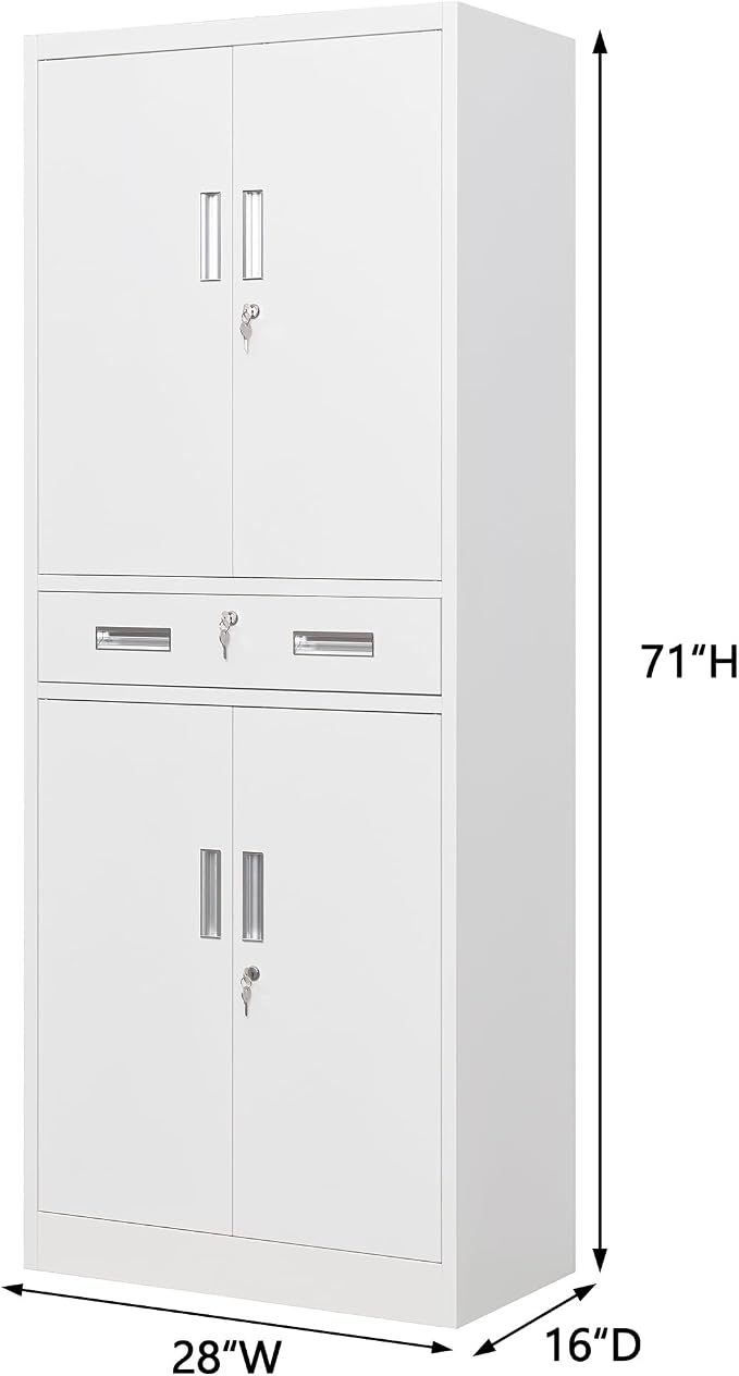 Wanfu Metal Storage Cabinet, 71" H x 28" W x 16" D Locking Storage Cabinet with 2 Adjustable Shelves and 1 Drawer for Office, Garage, Home, School, Utility(White)