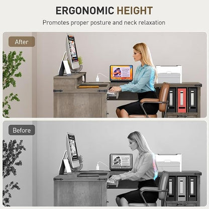 RALGEND Farmhouse 69" Executive L Shaped Desk with Drawer, Home Office Desk with Charging Station, Corner Computer Desk with Monitor Stand, File Drawer, Storage Cabinet, Greige