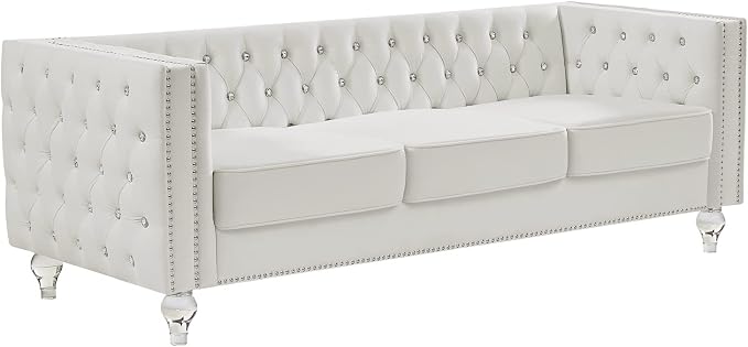 Mikibama Velvet 3 Seater Sofa Couch with Buttons and Square Arms 83.07 Inch Tufted 3-seat Sofas with Trimmed Nailhead and Acrylic Legs Modern Couches for Living Room,Bedroom (Beige-crystal Legs, Sofa)