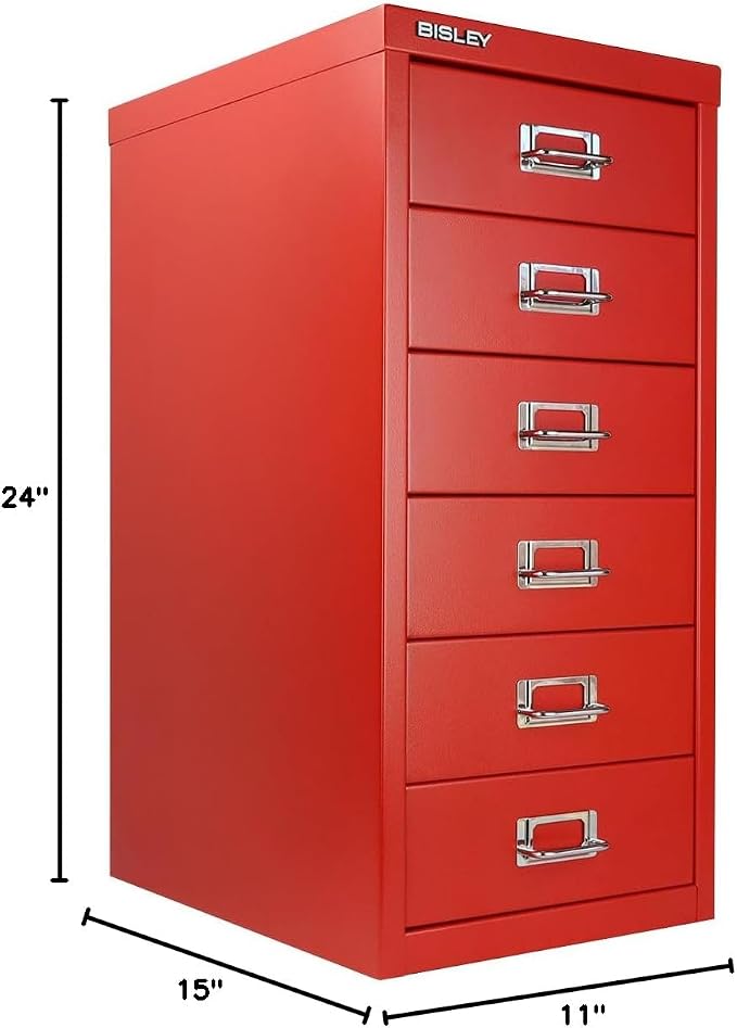 Bisley 6-Drawer Steel MultiDrawer Cabinet - Cardinal Red | Chrome Pull Handles with Label Holders, Powder-Coated Steel, Removable Drawers, Fits Under Most Desks, Labels Included