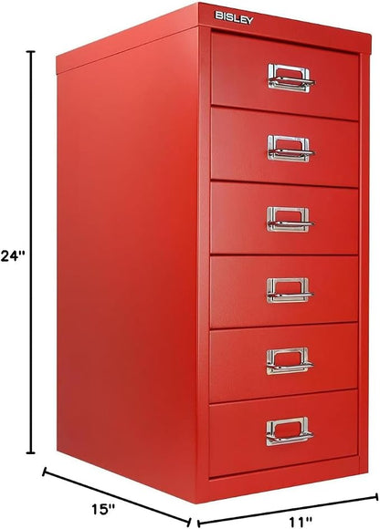 Bisley 6-Drawer Steel MultiDrawer Cabinet - Cardinal Red | Chrome Pull Handles with Label Holders, Powder-Coated Steel, Removable Drawers, Fits Under Most Desks, Labels Included