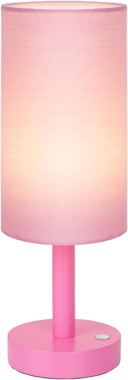 LALISU Small Table Lamp Nightstand Lamp Linen Lampshade Bedroom Wood Base Small Bedside Lamp for Night Stands, Desk Lamps for Reading Living Room, Office (LED Bulb Included) (Pink)