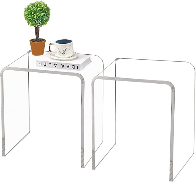 Acrylic Side Table Set of 2, 18" H x 16" W x 12" D x 3/5'' Thick Clear Small End Table, Transparent Nightstand and Stool for Home Office, Living Room and Bedroom