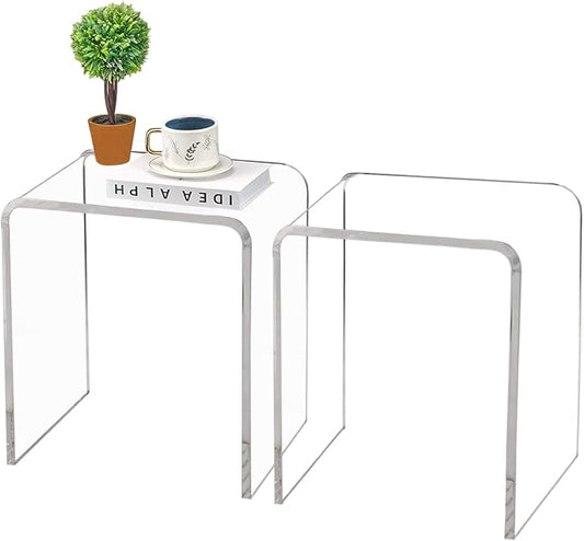 Acrylic Side Table Set of 2, 18" H x 16" W x 12" D x 3/5'' Thick Clear Small End Table, Transparent Nightstand and Stool for Home Office, Living Room and Bedroom