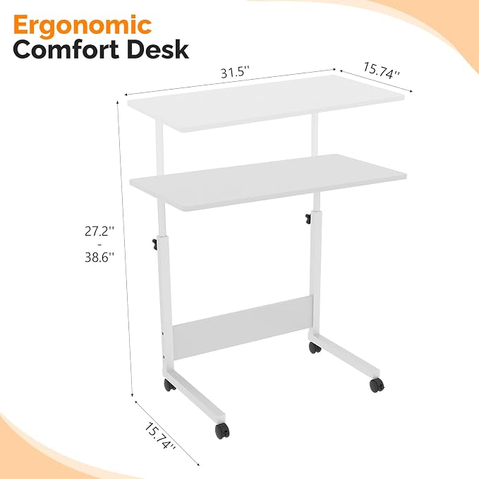 VINGLI Portable Computer Workstation, Standing Desk Adjustable Height, Small Computer Desk w/Rolling, Sit Stand Laptop Desk TV Tray for Bed Sofa Hospital Reading Eating, White, 31.5"