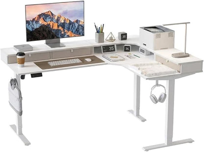 CubiCubi 63x48 Inches L Shaped Standing Desk with 3 Drawers and Monitor Shelf, Height Adjustable Corner Computer Desk with Hooks, Sit Stand Up Ergonomic Home Office Workstation Table, Warm White