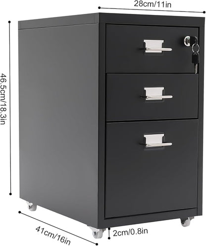 3 Drawer File Cabinet with Lock, Metal Vertical Filing Cabinets for Home Office Organizer Rolling File Cabinet with Lock and Wheels Under Desk Storage Cabinet (Black)