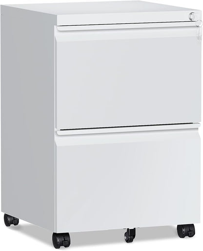 RAVIGIN 2 Drawer File Cabinet，Mobile Filing Cabinet with Lock and Wheels，Fully Assembled Metal Under Desk File Cabinets for A4/Letter/Legal Size（White