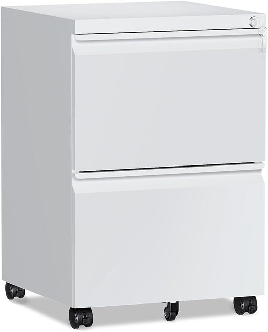 RAVIGIN 2 Drawer File Cabinet，Mobile Filing Cabinet with Lock and Wheels，Fully Assembled Metal Under Desk File Cabinets for A4/Letter/Legal Size（White