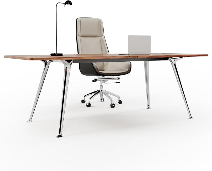 60-Inch Executive Desk, Modern Desk for Home Office, Wooden Study Writing Work Table with Power Outlets and USB-C Port, Large Legroom, Sturdy Metal Frame, Mid-Century Modern Simple, Walnut Brown
