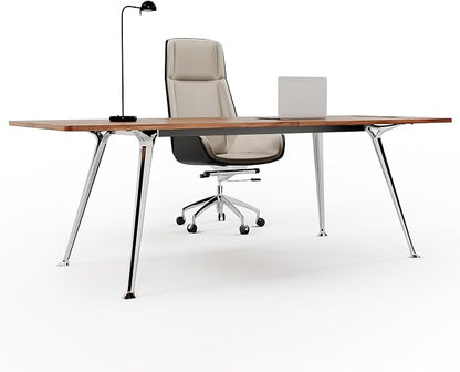 60-Inch Executive Desk, Modern Desk for Home Office, Wooden Study Writing Work Table with Power Outlets and USB-C Port, Large Legroom, Sturdy Metal Frame, Mid-Century Modern Simple, Walnut Brown