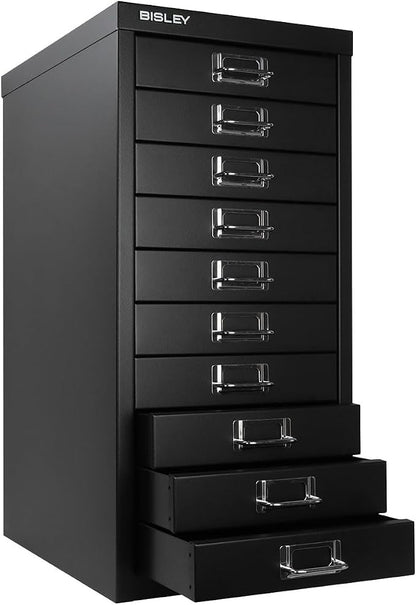 Bisley 10-Drawer Steel MultiDrawer Cabinet - Black | Chrome Pull Handles with Label Holders, Powder-Coated Steel, Removable Drawers, Fits Under Most Desks, Labels Included