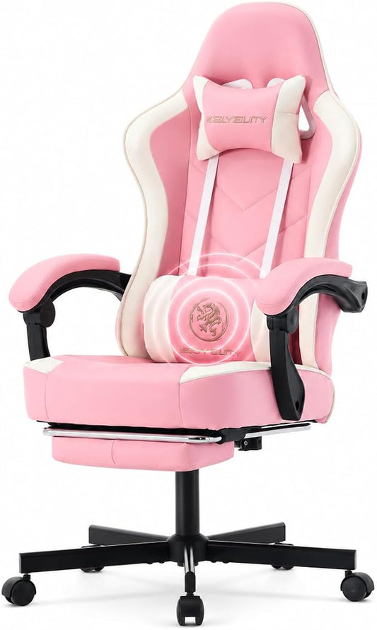 Office Desk Computer Gaming Chair for Adults, Ergonomic High Back Gamer Chair with Massage and Pocket Spring Cushion, Swivel Comfy Video Game Chairs with Footrest and Lumbar Support (Pink White)