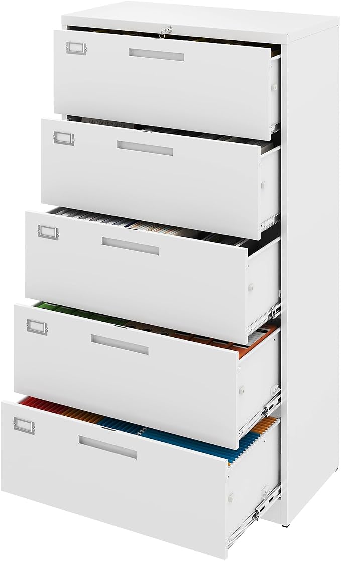 5 Drawer File Cabinet, White Metal Lateral File Cabinet with Lock, Office Filing Cabinet for Legal/Letter/A4/F4 Size with Hanging Files, Lockable File Cabinets for Home Office