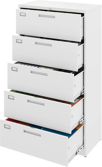 5 Drawer File Cabinet, White Metal Lateral File Cabinet with Lock, Office Filing Cabinet for Legal/Letter/A4/F4 Size with Hanging Files, Lockable File Cabinets for Home Office
