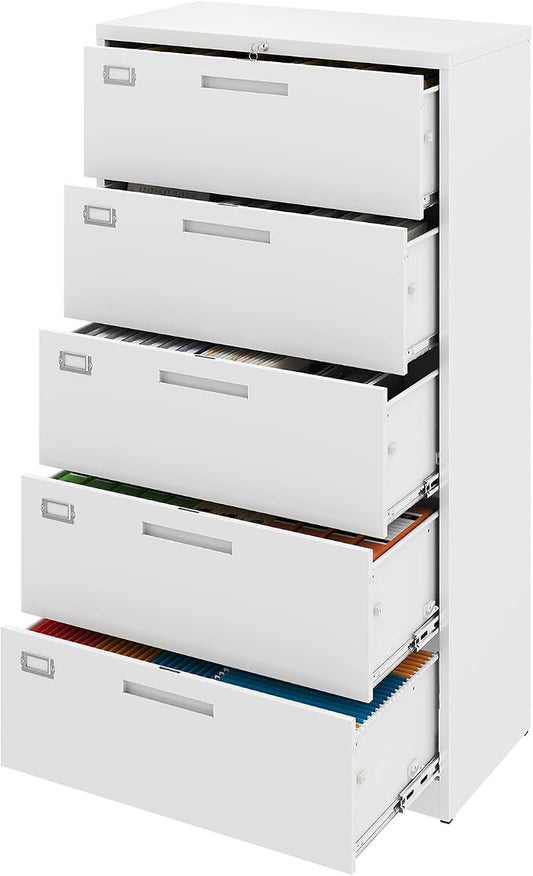 5 Drawer File Cabinet, White Metal Lateral File Cabinet with Lock, Office Filing Cabinet for Legal/Letter/A4/F4 Size with Hanging Files, Lockable File Cabinets for Home Office