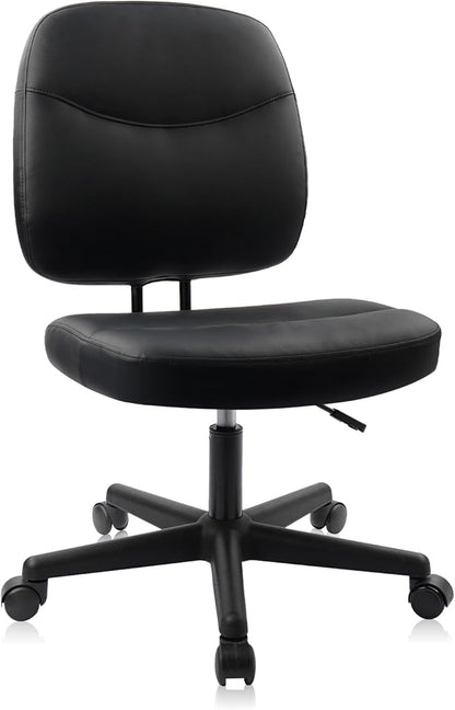 CLATINA Armless Home Office Chair,Small PU Leather Ergonomic Low Back Desk Chair with Lumbar Support and Wheels, Adjustable Height 360° Swivel Rolling Computer Task Chair, Black