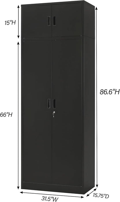 Wanfu Metal Storage Cabinet, 87" H x 32" W x 16" D Locking Storage Cabinets with 4 Adjustable Shelves and Top Cabinet for Office, Garage, Home-Black