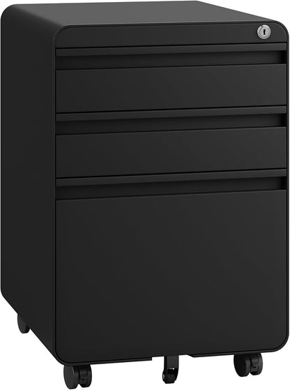 Dripex 3 Drawer Black File Cabinet, Mobile Under Desk Storage File Cabinet with Lock on Wheels, Letter/Legal Size,Fully Assembled, Small Short Vertical Metal Rolling Filing Cabinets for Home Office