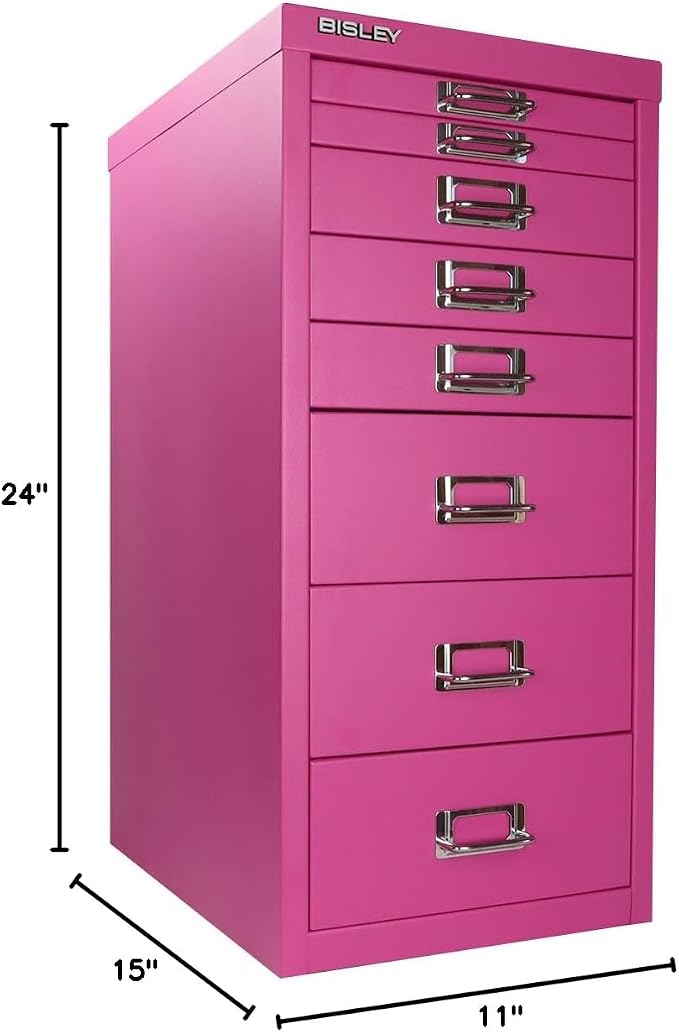 Bisley 8-Drawer Steel MultiDrawer Cabinet - Fuchsia | Chrome Pull Handles with Label Holders, Powder-Coated Steel, Removable Drawers, Fits Under Most Desks, Labels Included