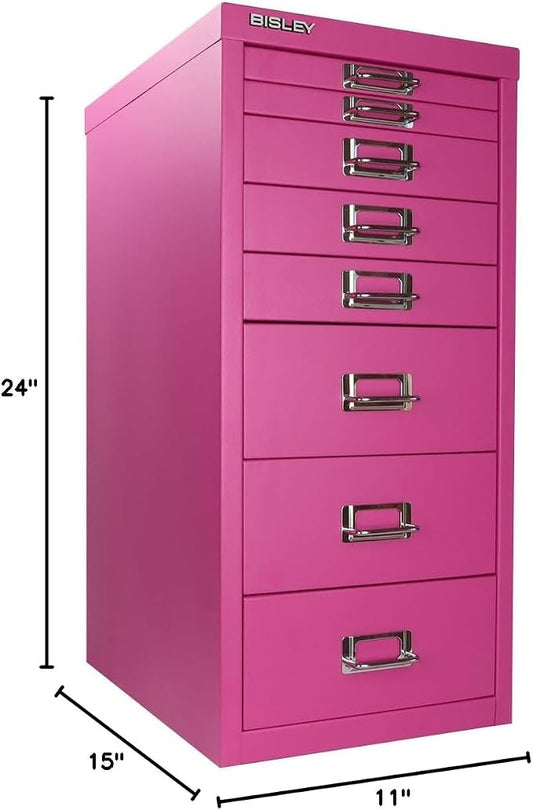 Bisley 8-Drawer Steel MultiDrawer Cabinet - Fuchsia | Chrome Pull Handles with Label Holders, Powder-Coated Steel, Removable Drawers, Fits Under Most Desks, Labels Included